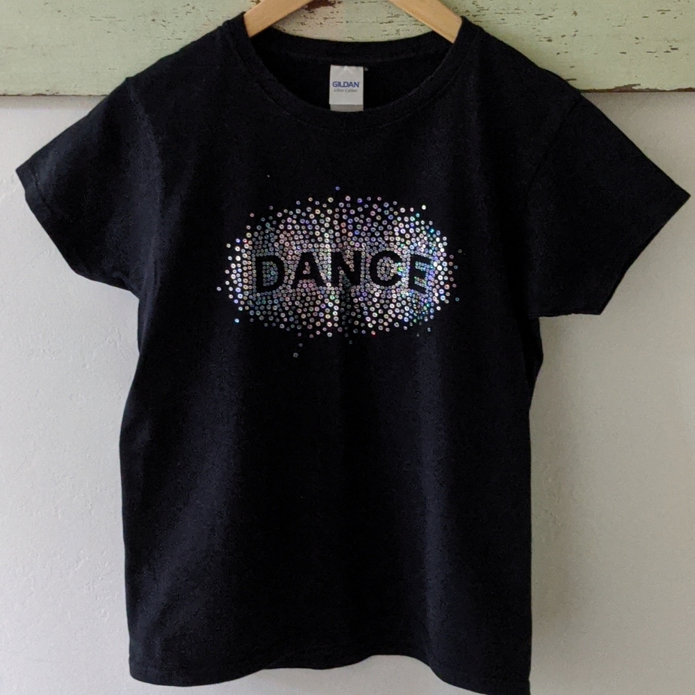 GILDAN I Iridescent Sparkle DANCE Graphic Black Short Sleeve T-shirt,  S